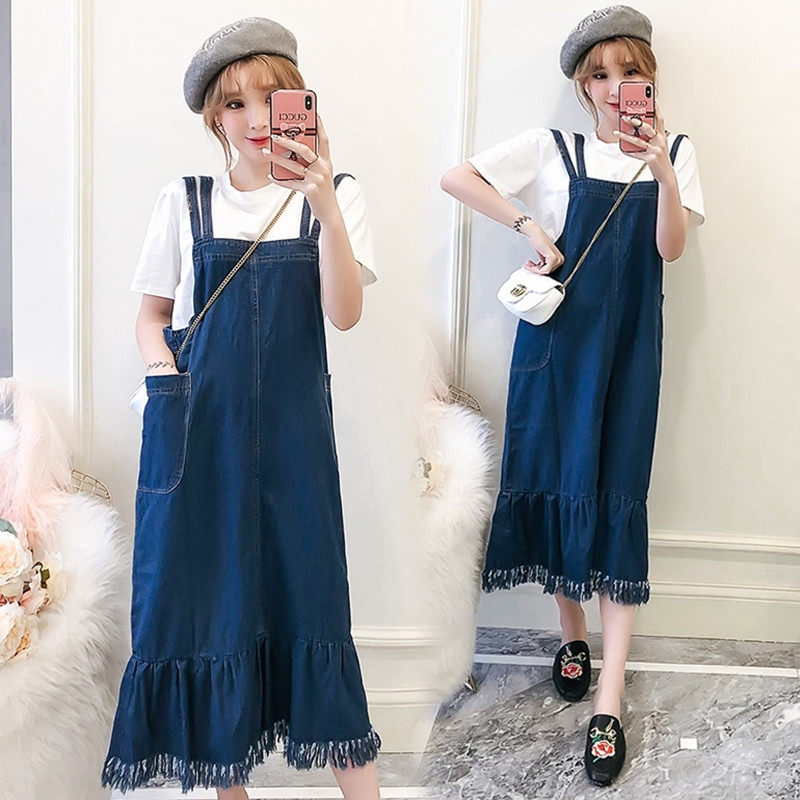 Maternity dress summer dress new denim dress Korean version loose large size 200 jin pregnant women spring pleated baby bag skirt