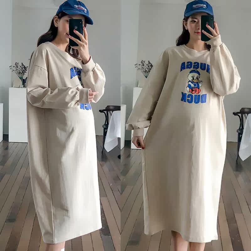 2021 Spring 2021 new fat plus high - yard pregnant women dress loose Korean version late pregnancy 200 pounds of printed thick cotton T tide