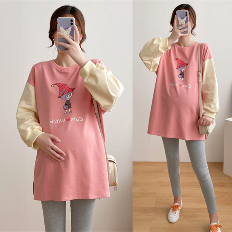 2021 spring Korean version loose large size cartoon maternity sweater mid-length cotton long-sleeved spring breastfeeding top