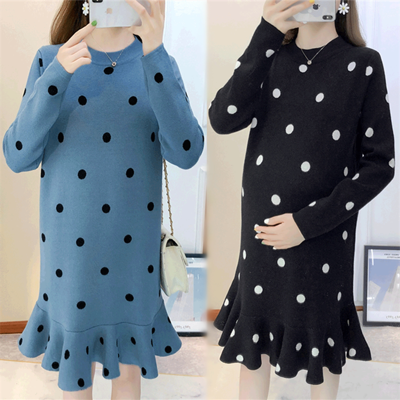 Autumn new fashion trendy mom polka dot maternity sweater Korean version large size fat mm long-sleeved fishtail skirt thickened top