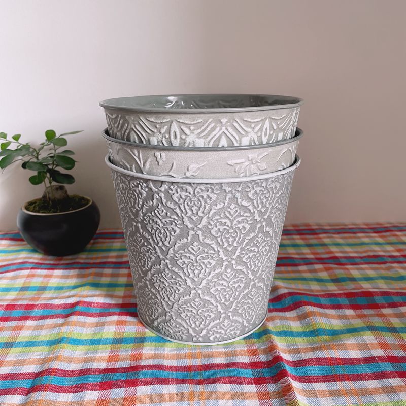 Nordic minimalist series reliefs with floral pattern Tin barrel iron art green plant floral metal flower pots gardening-Taobao