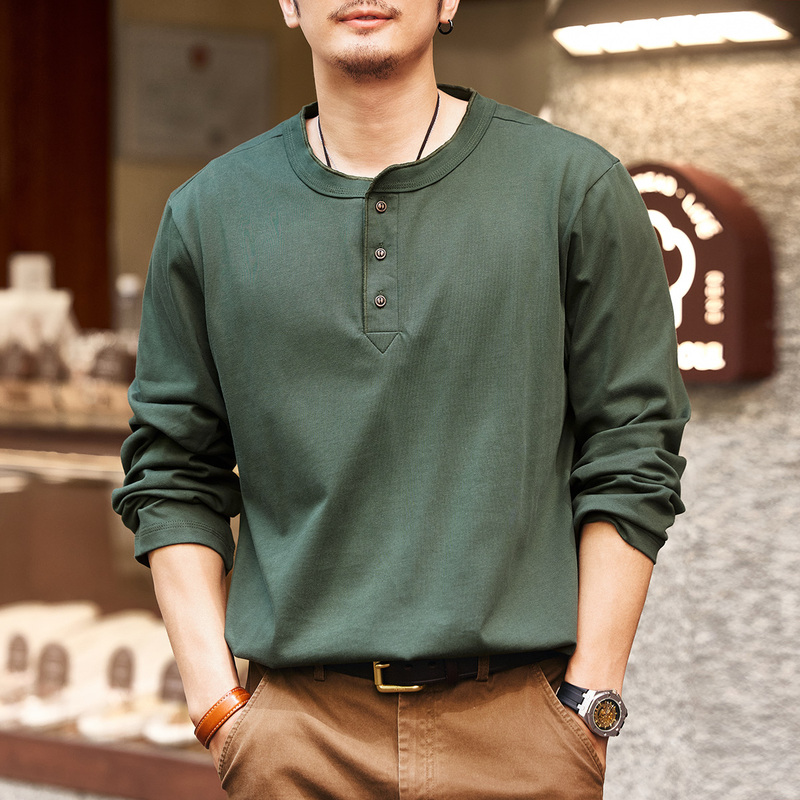 American Retro Combed Cotton Long-Sleeve T-Shirt for Men, Spring and Autumn Trendy Brand, Loose Casual Henry Collar Base Shirt