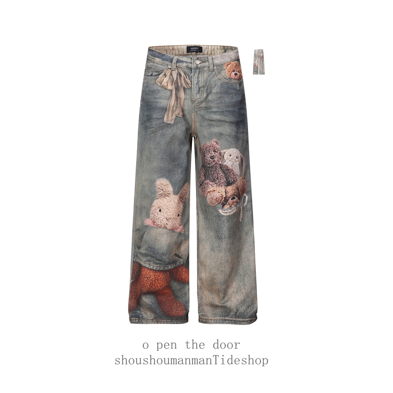 Trendy Brand Fun Toy Bear Print Jeans Unisex Vintage Distressed Straight Pants American Style Couple Floor-Length Pants