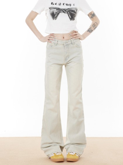 美式高街微喇叭牛仔裤男女潮牌复古高级黄泥染直筒嘻哈裤黑色长裤