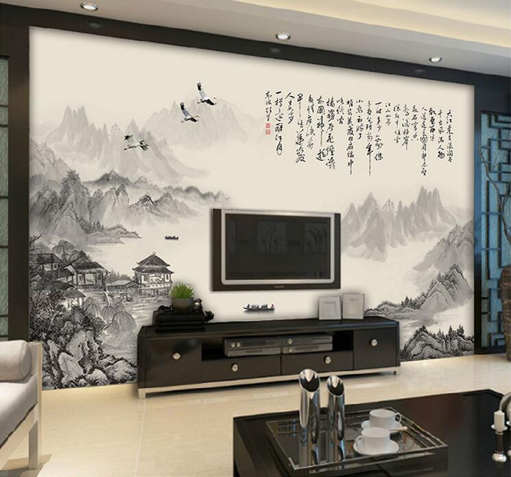 màn hình tivi sony TV giấy dán tường 8D bức tranh tường video phong cách Trung Quốc 5D tường vải trang trí tranh phong cảnh 3d không dệt hình nền - TV tivi sony 55 inch