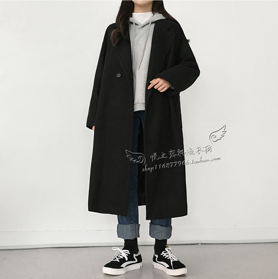 Áo khoác len nữ màu đen mùa thu và mùa đông phiên bản mới của Hàn Quốc của phần dài trên đầu gối lỏng lẻo cỡ lớn làm dày áo khoác học sinh - Accentuated eo áo áo măng tô nữ dáng ngắn
