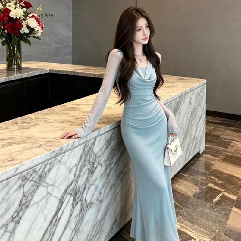 French-Style Pure and Elegant Textured Dress with a Flared Neckline for Women, Autumn Waist-Cinching Slimming Mid-Length Dress, Blue Elegant Dress