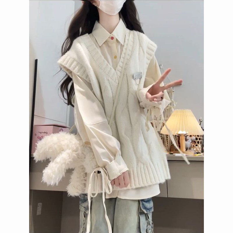 French-Style Autumn and Winter Sweet Preppy White Cable Knit Vest Sweater + Apricot Shirt Two-Piece Set French-Style Autumn and Winter Sweet Preppy White Cable Knit Vest Sweater + Apricot Shirt Two-Piece Set