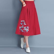  Embroidered ethnic style womens autumn and summer skirt Womens cotton and linen mid-length skirt large skirt retro four seasons skirt with pockets