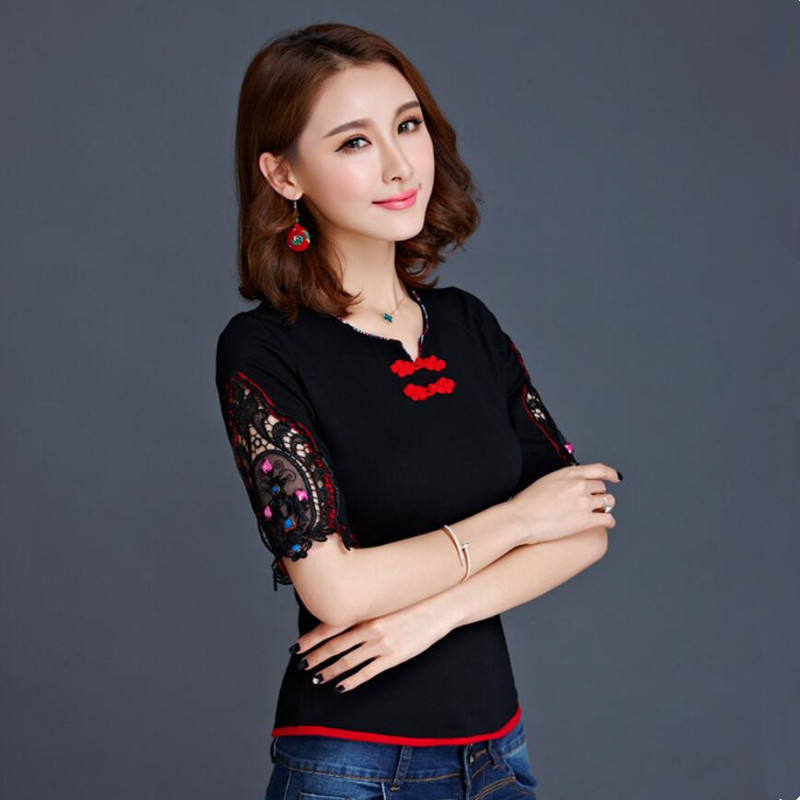 Hollow beaded embroidery five-point sleeve women's T-shirt Ethnic style embroidered slim-fit base shirt Tang middle sleeve half sleeve Chinese style