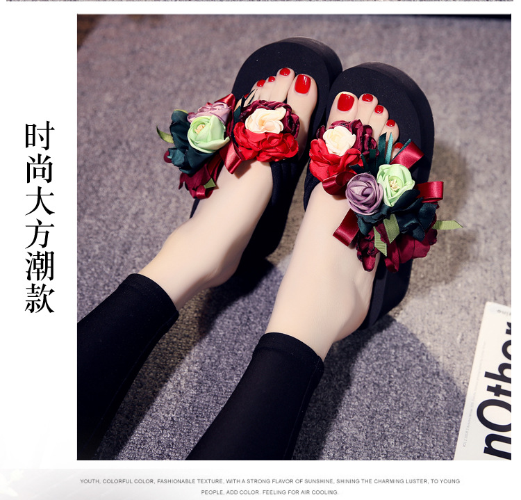 Thời trang hè mùa hè dép cao gót nữ phiên bản Hàn Quốc của hoa handmade đế xuồng dày đế xuồng trượt ngày lễ mang dép đi biển và dép lê - Dép dép quai hậu nữ 2021