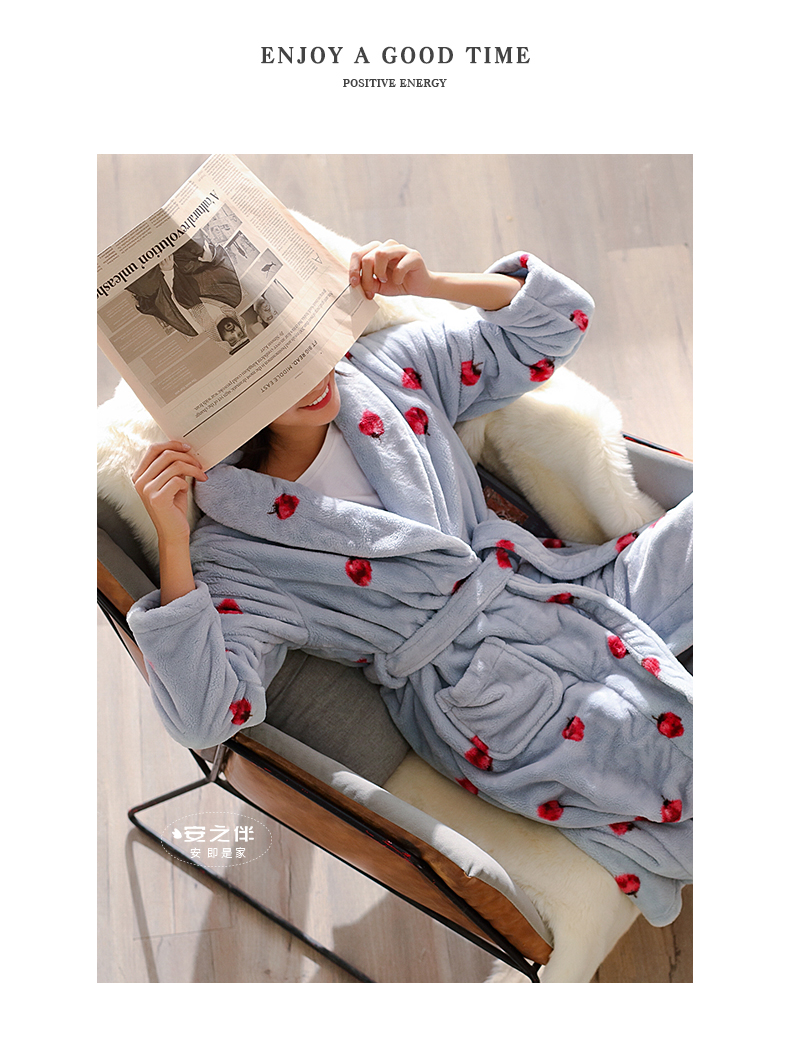 An Zi với áo ngủ nữ mùa thu và mùa đông mới dâu ngọt ngào in đồ ngủ flannel ấm áp nhung nữ dịch vụ nhà áo choàng ngủ nam