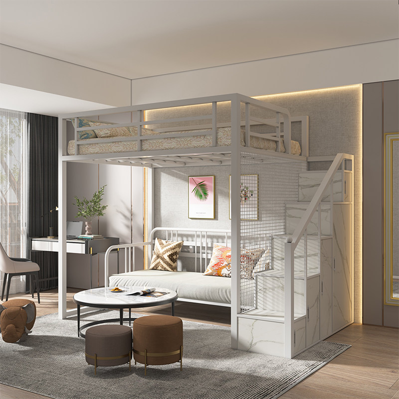Iron elevated bed small household type bed under table iron rack bed Simple apartment space building space building overhead bed 2 floor bed