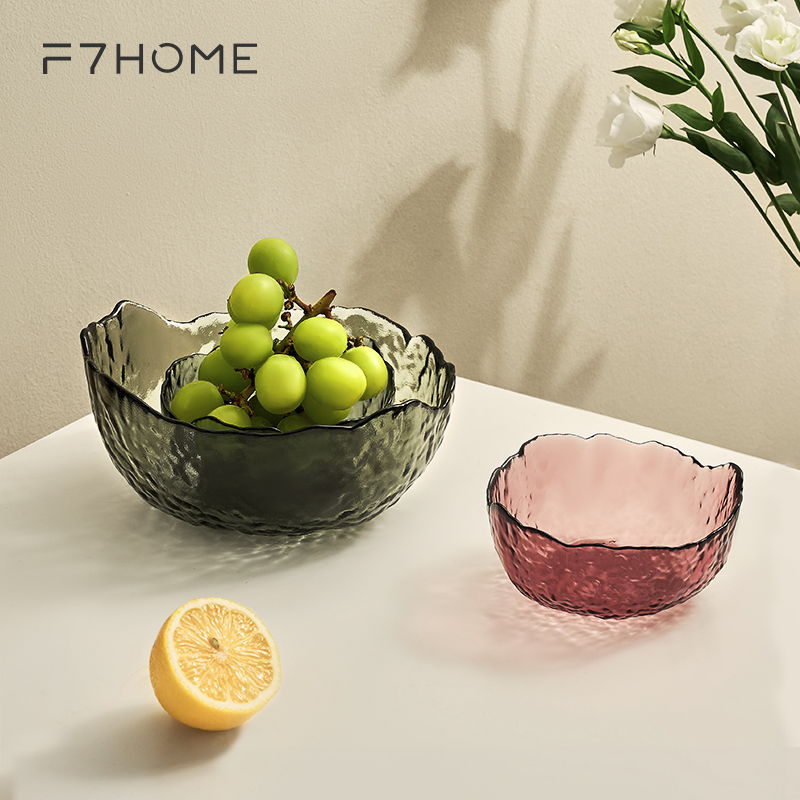 F7 Nordic Hammer Vein Glass Bowl Creative Personality Home Fruit Salad Bowls Ins wind student Dormitory Big Bowl Cutlery