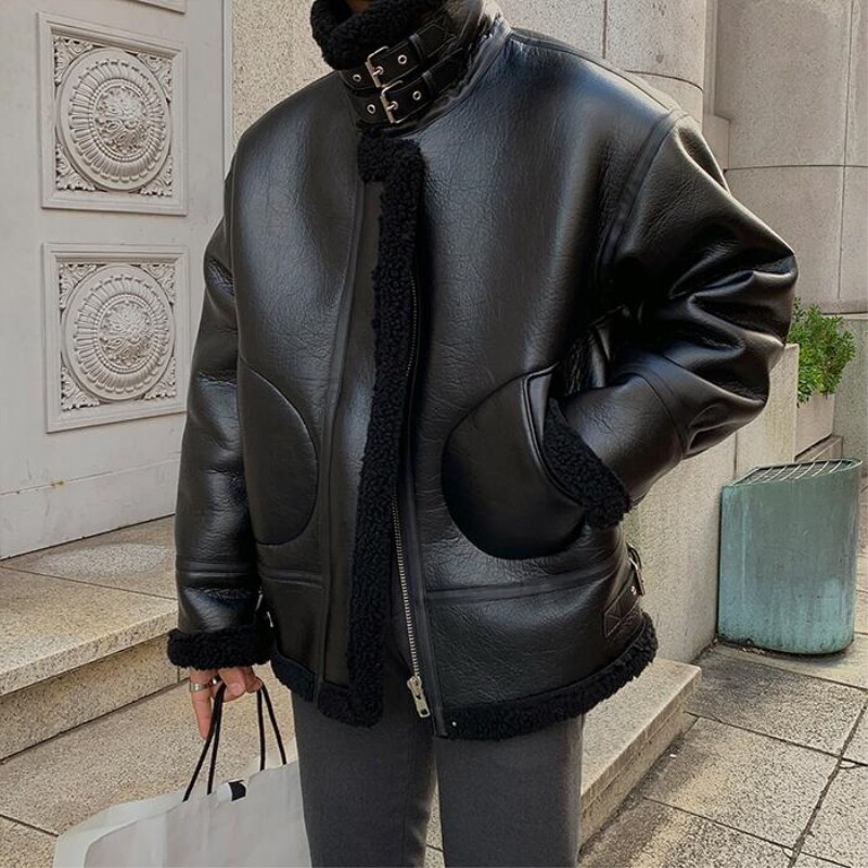 Winter lamb suede locomotive fur trend loose casual loose fur one male coat plus thick leather jacket