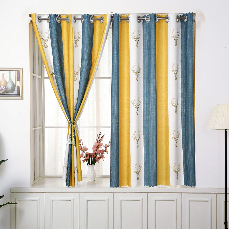 Bay window curtains Short door curtains shading Nordic simple bedroom windows windproof warm stripes free drilling installation customization