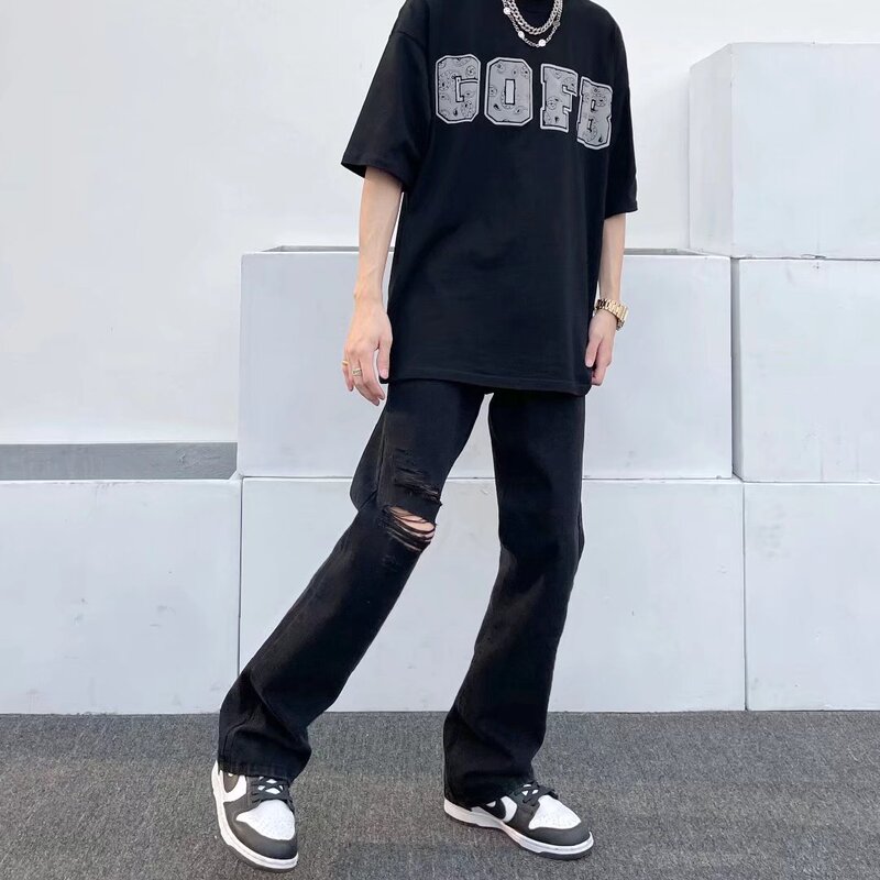 American High Street Style Flared Ripped Jeans for Men, Summer High-End Slim-Fit Vintage Black Casual Pants