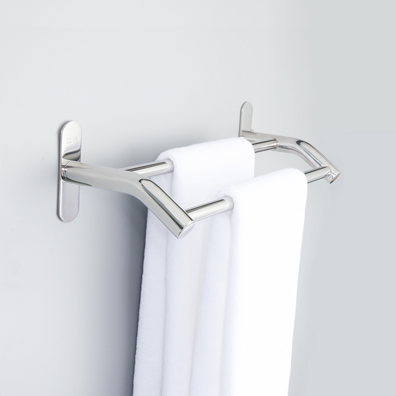 Punch-free bathroom towel rod double rod 304 stainless steel bright surface towel rack single-layer bathroom nail storage hanging rod