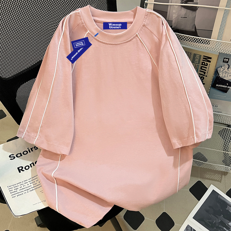 Wassup American Retro Drawstring Short-Sleeved T-Shirt for Men Summer 2026 New Oversize Pink Couple Top
