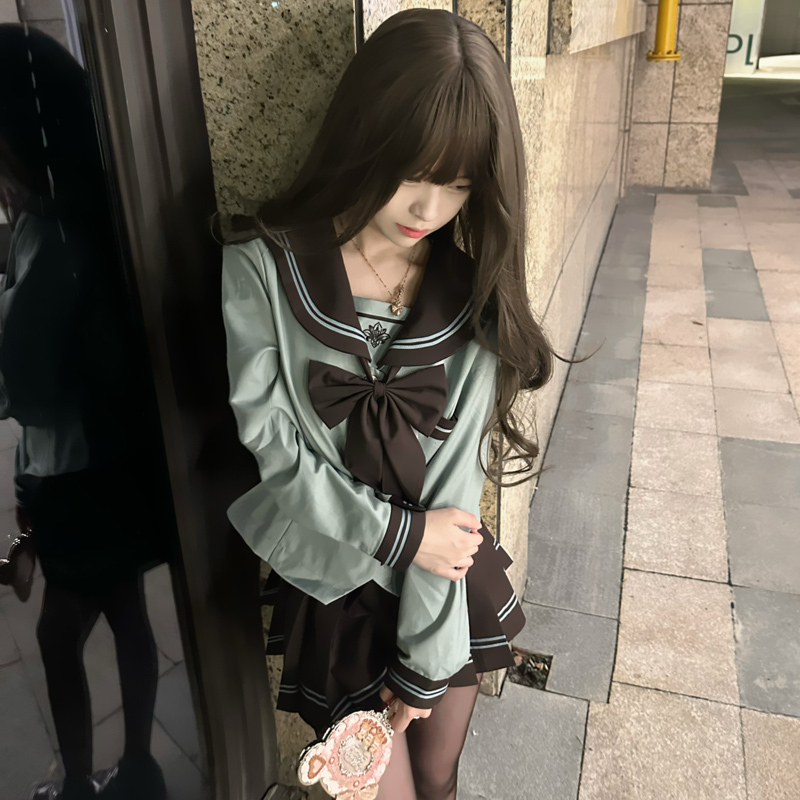 Purple Sweet Potato Tangyuan Original [Agave] Jk Uniform Autumn/Winter Mint Green Long Sleeve Sailor Suit Brown Skirt Set