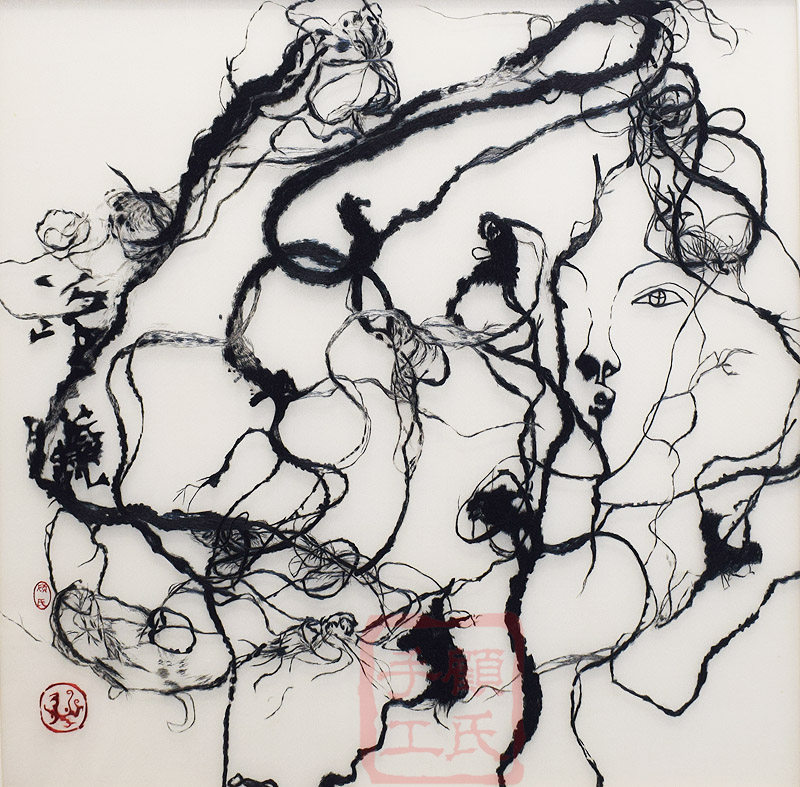 Вышивка Сучжоу 80*80顾氏手工苏绣水墨人物美女图 抽象刺绣人物肖像图书房过道画