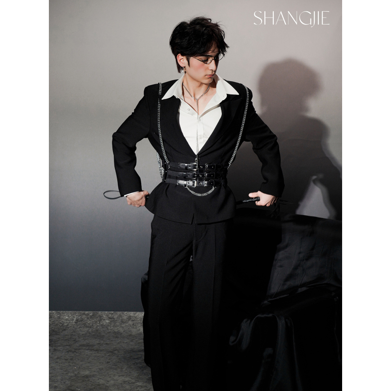 Shangjie Design Black Metal Chain Ascetic Belt Slimming Handmade Men's Suit Jacket Performance Costume Shangjie Design Black Metal Chain Ascetic Belt Slimming Handmade Men's Suit Jacket Performance Costume