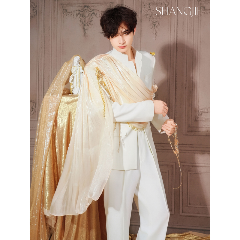 Shangjie Design White High-End Performance Suit Jacket for Male Groups, Original Stage Outfit