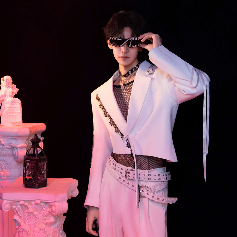 Shangjie Design White Suit Male Group Performance Outfit Series Suit Lace Hollow Stage Suit Jacket