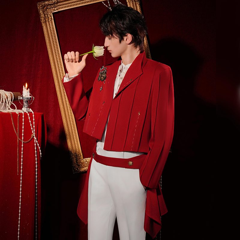 Shangjie Design Red Dress with a High-End Feel, Performance Suit for Male Groups, Stage Tailcoat with Visible Stitching Decoration