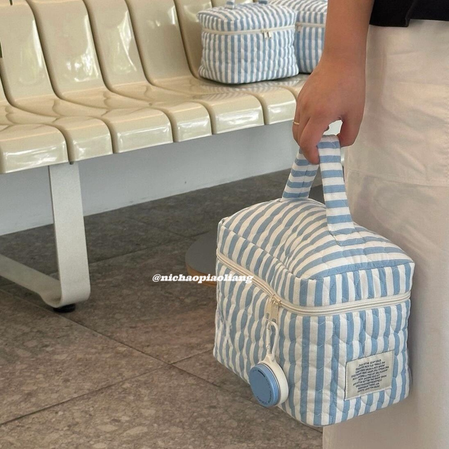 Sky blue stripes ~ Korean fabric makeup bag for women 2025 new high-end storage bag large capacity makeup bag