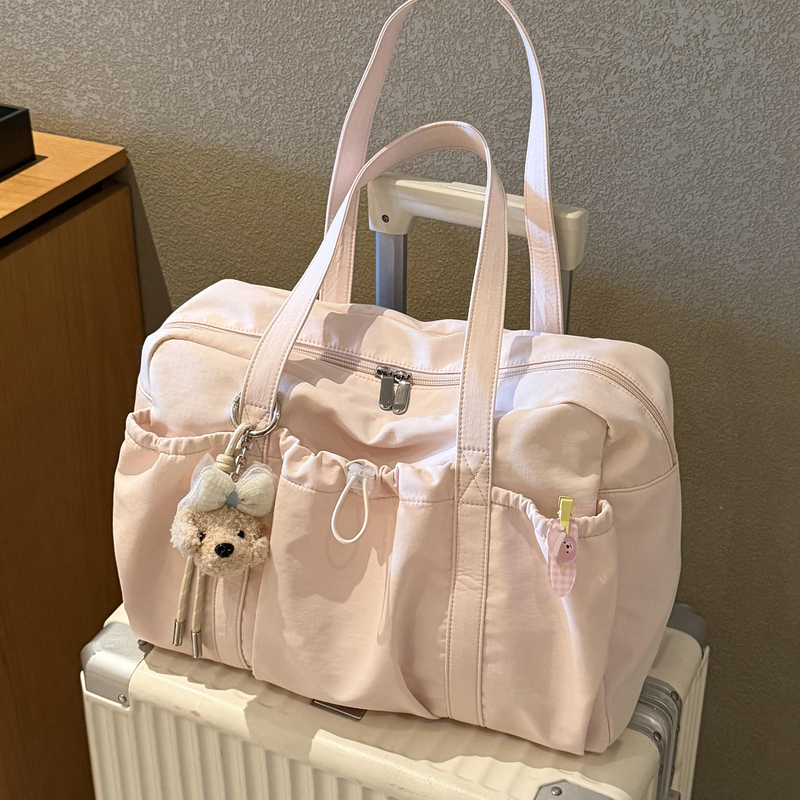 Korean-Style Pink Large-Capacity Canvas Travel Bag for Women, High-Looking, Versatile, Casual Luggage Bag for Short-Distance Travel and Storage