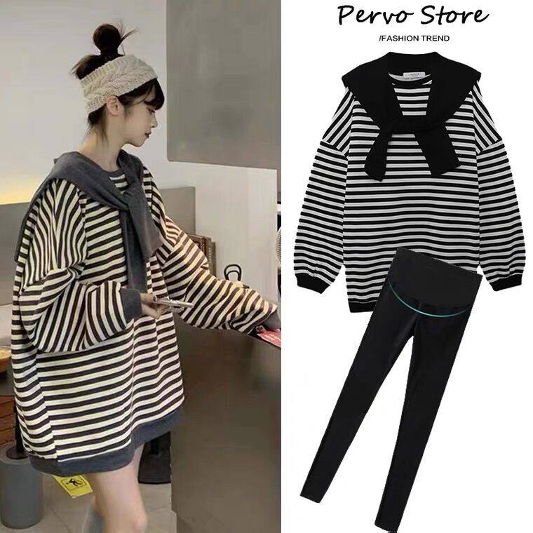 Pregnant women's autumn clothing suit stylish long sleeves T-shirt blouses two sets of Korean version stripes large size for women's clothing