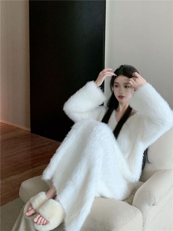 White Mink Cashmere Mohair Sweater Knit Dress for Women, Autumn 2023 New Style, Gentle Style, Loose Long Skirt
