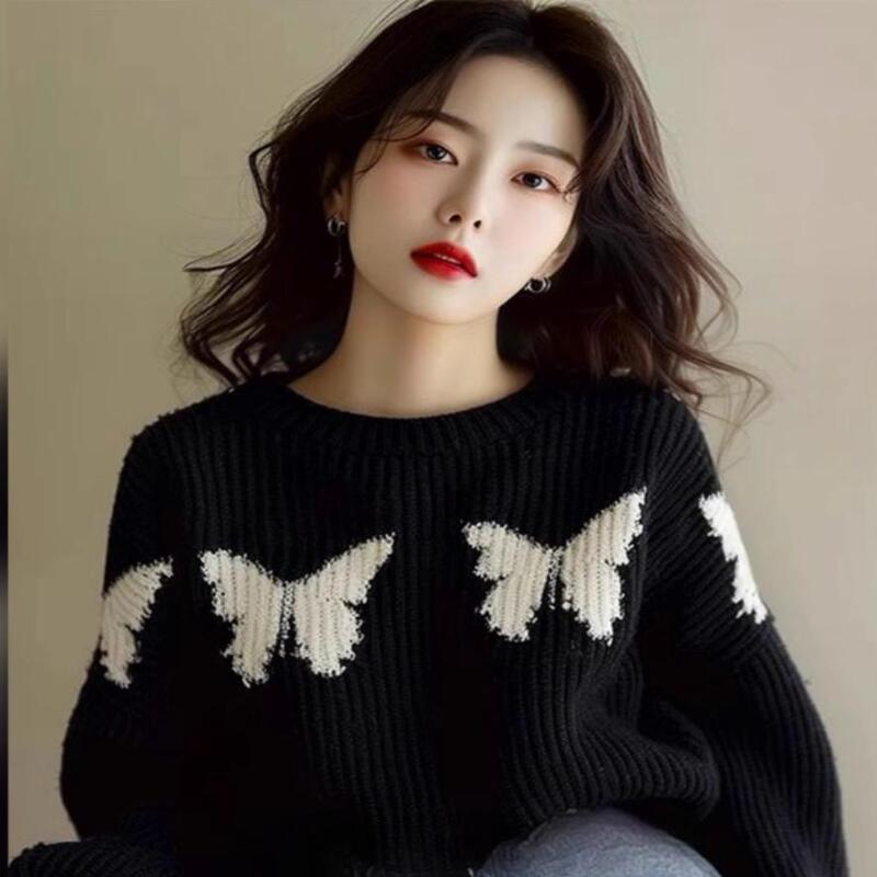 Black Butterfly Print Knit Sweater, Soft and Loose-Fitting, Autumn and Winter Women's Clothing, 2024 New Korean Style Atmospheric Top Black Butterfly Print Knit Sweater, Soft and Loose-Fitting, Autumn and Winter Women's Clothing, 2024 New Korean Style Atmospheric Top