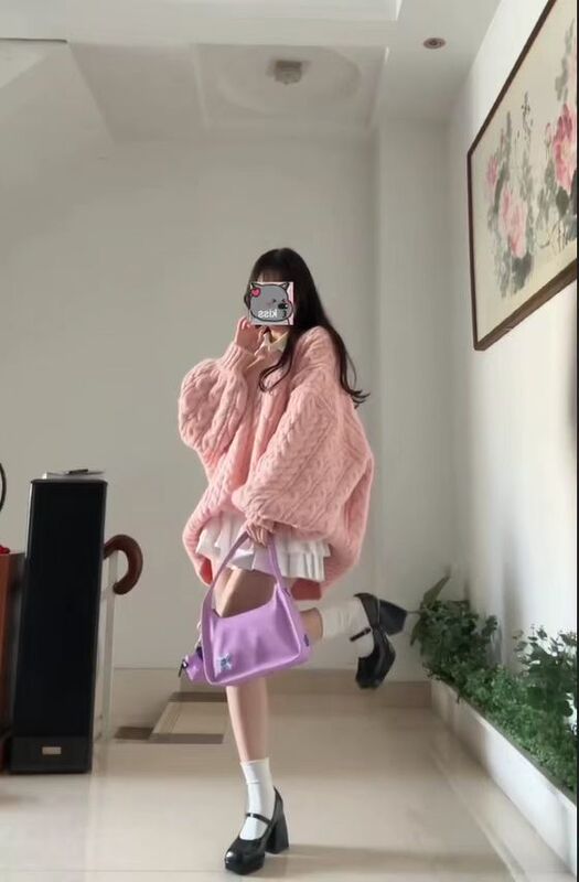 Soft and Fluffy Pink V-Neck Sweater for Women, Autumn and Winter, Soft and Gentle, Lazy Style, Cable Knit Top Soft and Fluffy Pink V-Neck Sweater for Women, Autumn and Winter, Soft and Gentle, Lazy Style, Cable Knit Top