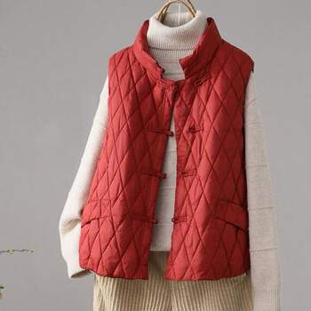 Cross-border autumn and winter literary retro buckle light down jacket vest for women white duck down vest vest jacket trendy medium