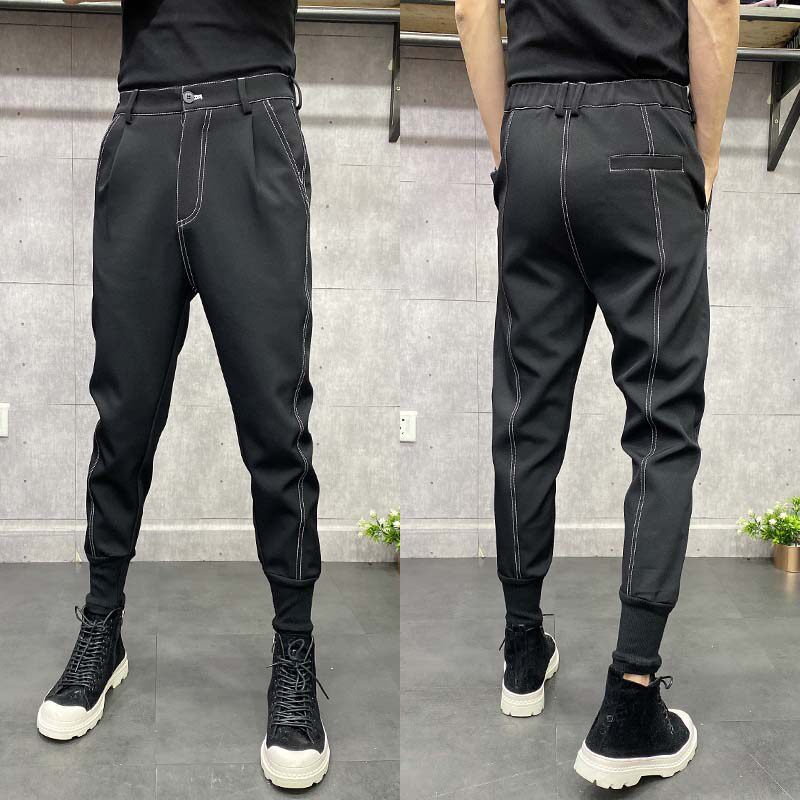 2022 autumn and winter new slim cigarette pants men's bright line personality black pants all-match thin harem pants men's trousers