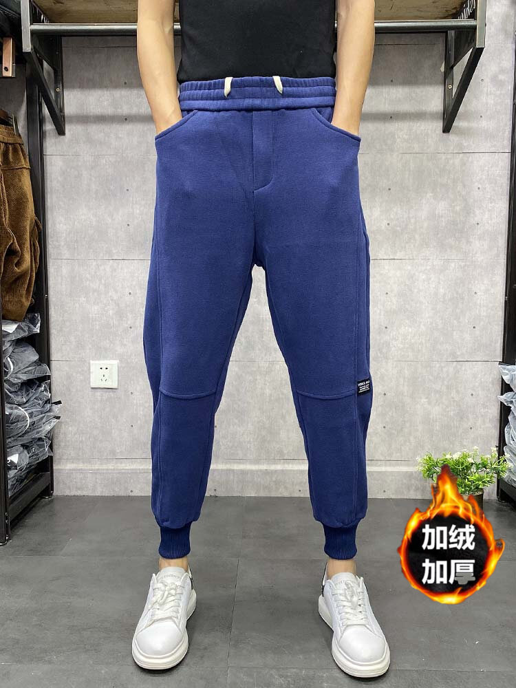 Casual small feet long pants men's autumn and winter plus velvet tide brand knitted elastic pants solid color harem beamed sports pants