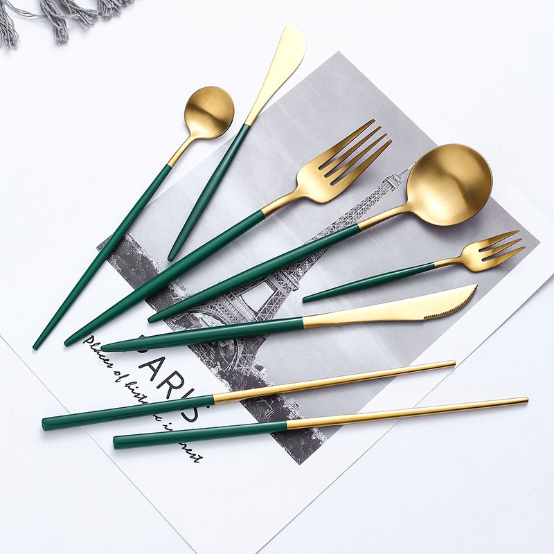304 stainless steel knife and fork emerald green western food tableware set steak knife and fork household knife and fork spoon chopsticks fruit fork