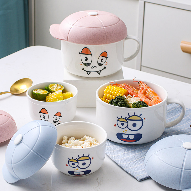 Creative Bubble Noodle Bowl with lid Ceramic Cute Microwave large number student Dormitory Broth Noodle Cup Lunch Box Salad Bowl