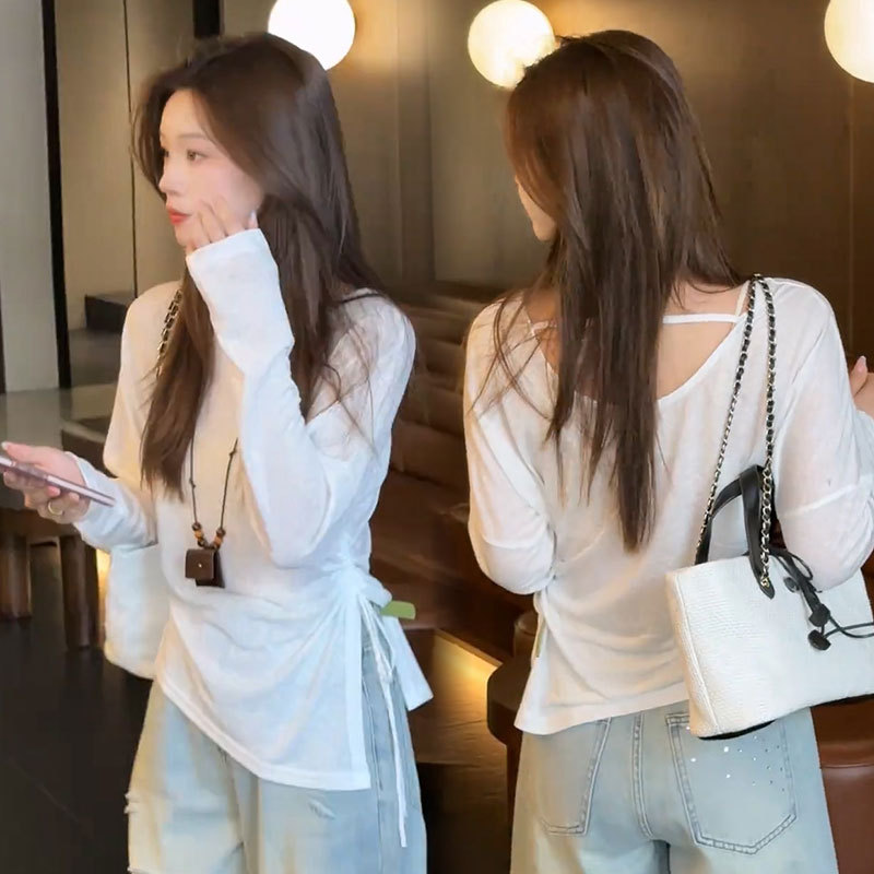 Irregular Waist-Cinching Long-Sleeved T-Shirt Sun Protection Clothing for Women, Summer Thin Style with Backless Design, Sheer Blouse Top Irregular Waist-Cinching Long-Sleeved T-Shirt Sun Protection Clothing for Women, Summer Thin Style with Backless Design, Sheer Blouse Top