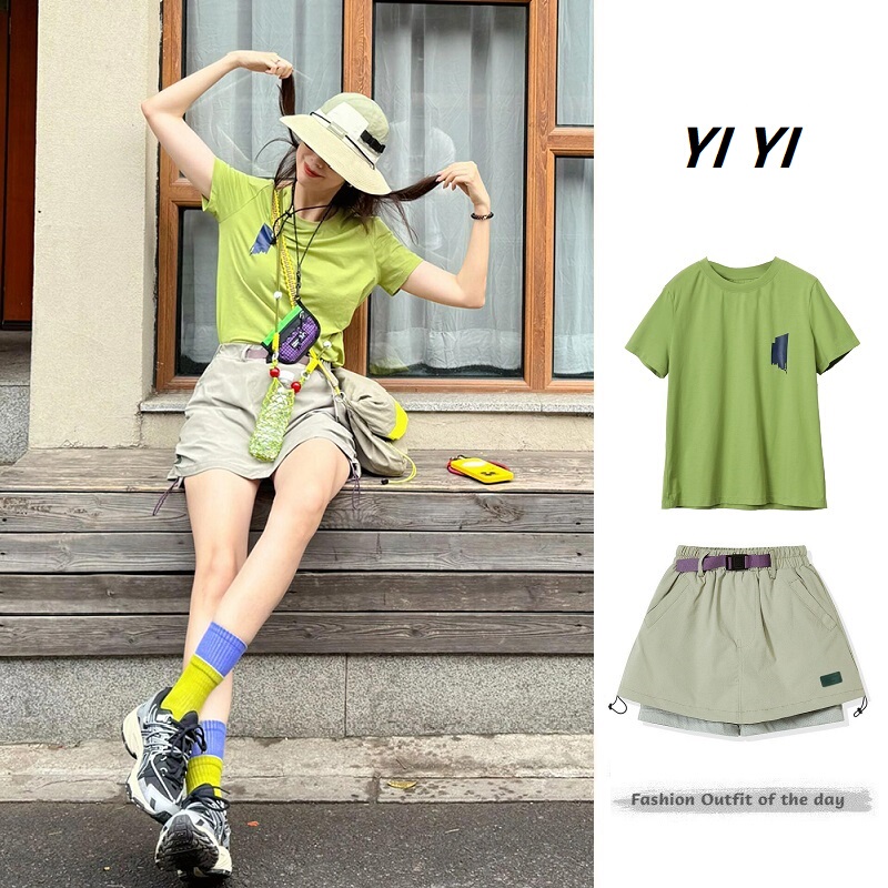 Summer Korean Style Unique and Beautiful Casual Sports Dopamine Green T-Shirt + Quick-Drying Drawstring Short Culottes Two-Piece Suit