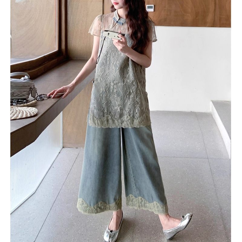 Distressed Washed Jeans for Women in Summer Thin Retro Lace Splicing National Trend Age-Reducing Versatile Slimming Look Nine-Point Pants