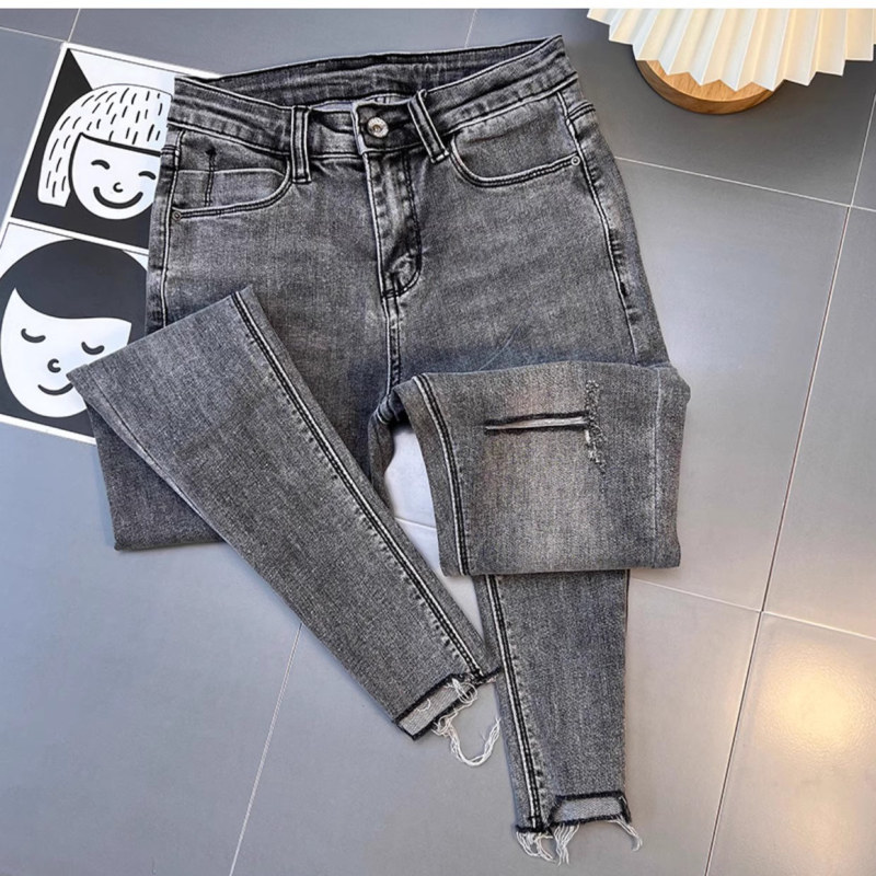 European Style High-Waisted Ripped Jeans for Women, New Spring/Summer Slim-Fit Cropped Pants for Petite Figures, Gray-Black Skinny Pants European Style High-Waisted Ripped Jeans for Women, New Spring/Summer Slim-Fit Cropped Pants for Petite Figures, Gray-Black Skinny Pants