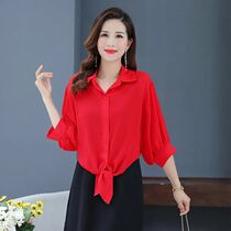 Big Code Women Snowspun Shirt Outskirt 2021 Summer New Butterfly Knot Sunscreen Air Conditioning Shirt Mid Sleeve Small Shawl