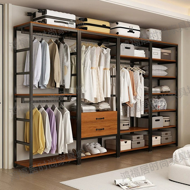 Open cloakroom wardrobe walk-in coat rack home bedroom storage rack double-layer floor-standing clothes rack combination