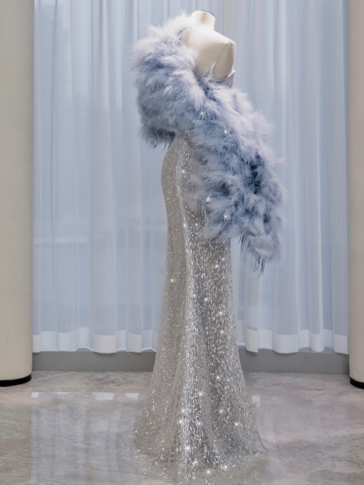 Evening dress, wedding dress, bra top, advanced sexy nail sequins for bride, feather stuffing, 2023 collection, high-end, fish tail Evening dress, wedding dress, bra top, advanced sexy nail sequins for bride, feather stuffing, 2023 collection, high-end, fish tail