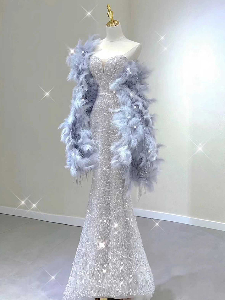 Evening dress, wedding dress, bra top, advanced sexy nail sequins for bride, feather stuffing, 2023 collection, high-end, fish tail Evening dress, wedding dress, bra top, advanced sexy nail sequins for bride, feather stuffing, 2023 collection, high-end, fish tail