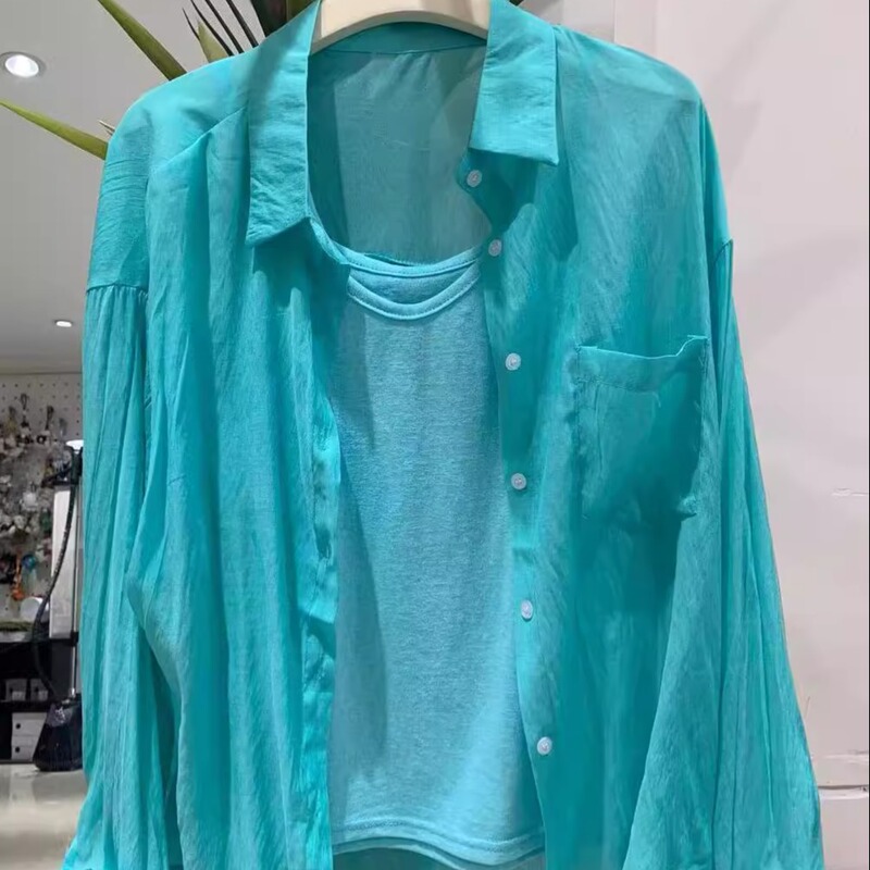 Lake Blue Thin Ice Silk Sun Protection Shirt for Women, New Summer Style, Loose Casual Long-Sleeved Shirt That Covers the Body, Outerwear Top Lake Blue Thin Ice Silk Sun Protection Shirt for Women, New Summer Style, Loose Casual Long-Sleeved Shirt That Covers the Body, Outerwear Top