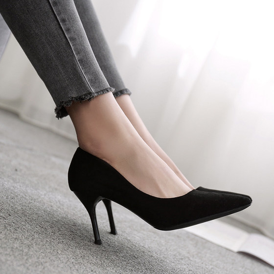 Black suede high-heeled shoes women's stiletto professional job interview formal dress French girl etiquette students small size single shoes